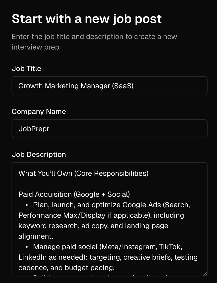 JobPrepr mock interview practice interface showing AI-generated behavioral and technical interview questions for job seekers preparing for job interviews