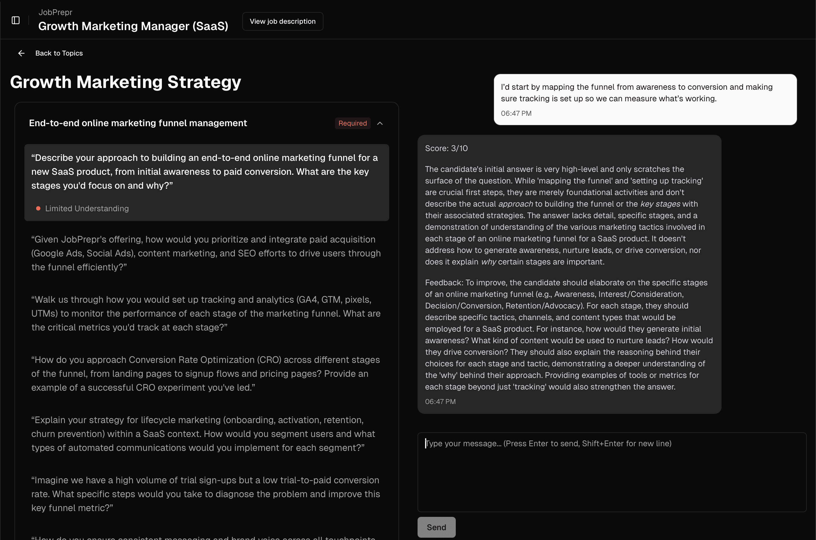 JobPrepr mock interview practice interface showing AI-generated behavioral and technical interview questions for job seekers preparing for job interviews